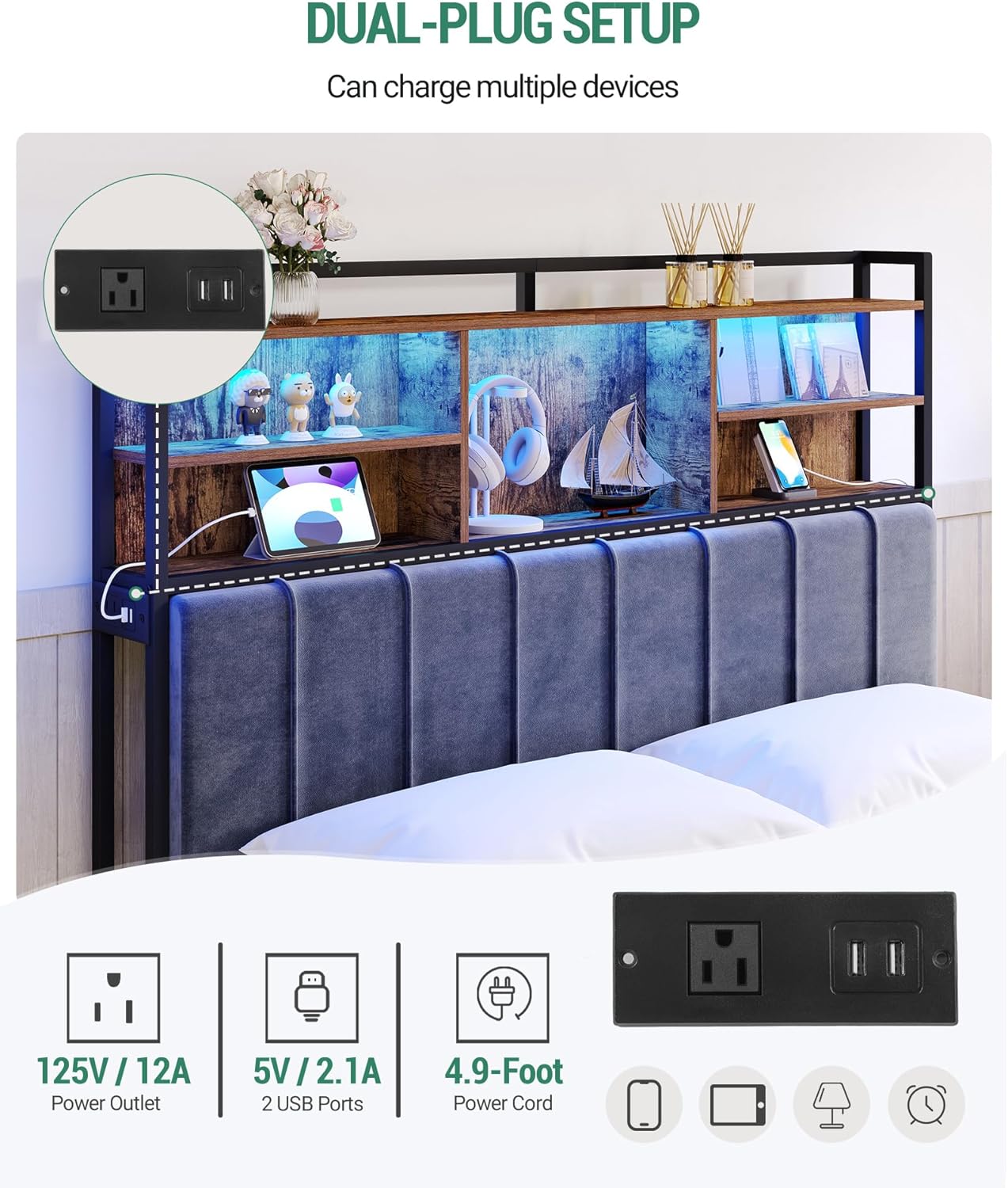 Hzuaneri Headboard with 3-Tier Storage Shelves, Velvet Upholstered Head Board with 2 Outlets, USB Ports & LED Light, Soft Backrest for Queen Size Bed, Rustic Brown and Black BH15201BV1