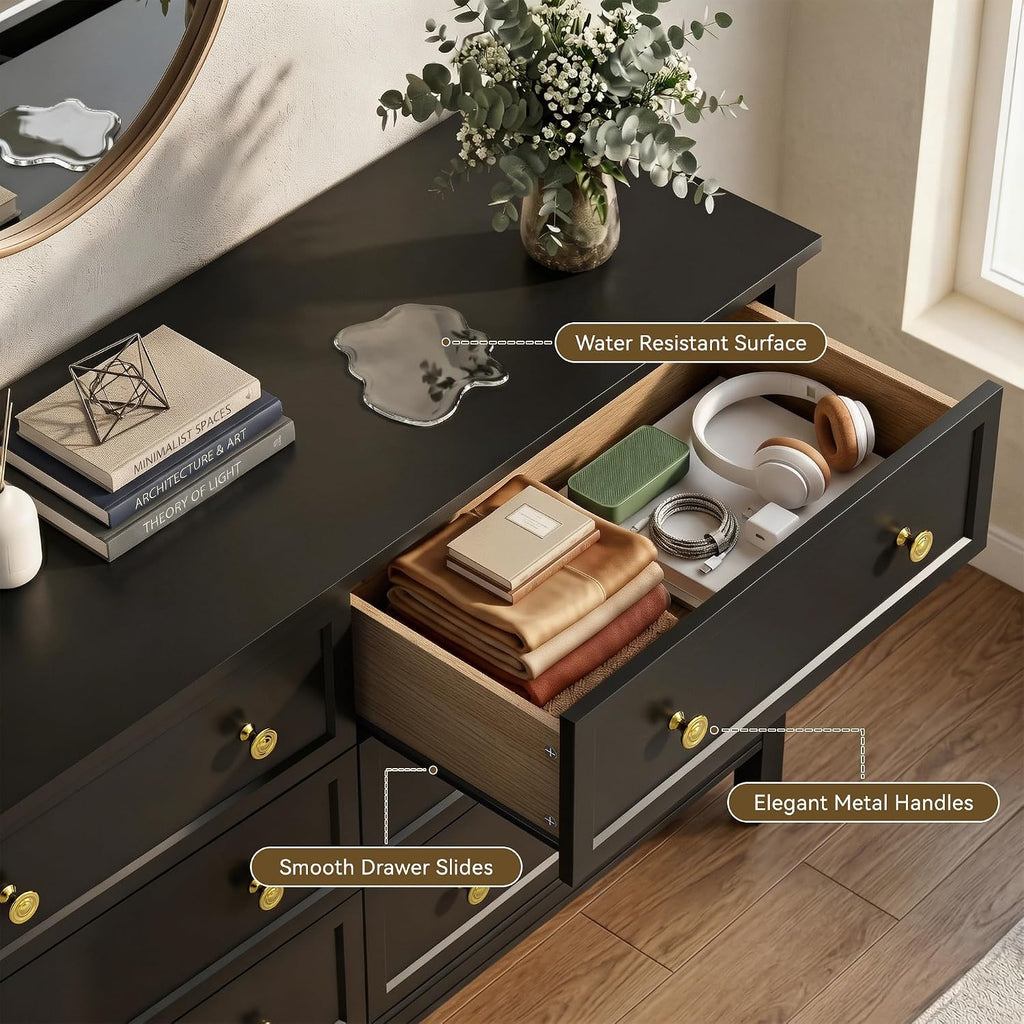 LYNSOM Black Dresser for Bedroom, 6 Drawer Dresser with Wide Drawer and Metal Handles, Wood Dressers & Chests of Drawers for Hallway, Entryway