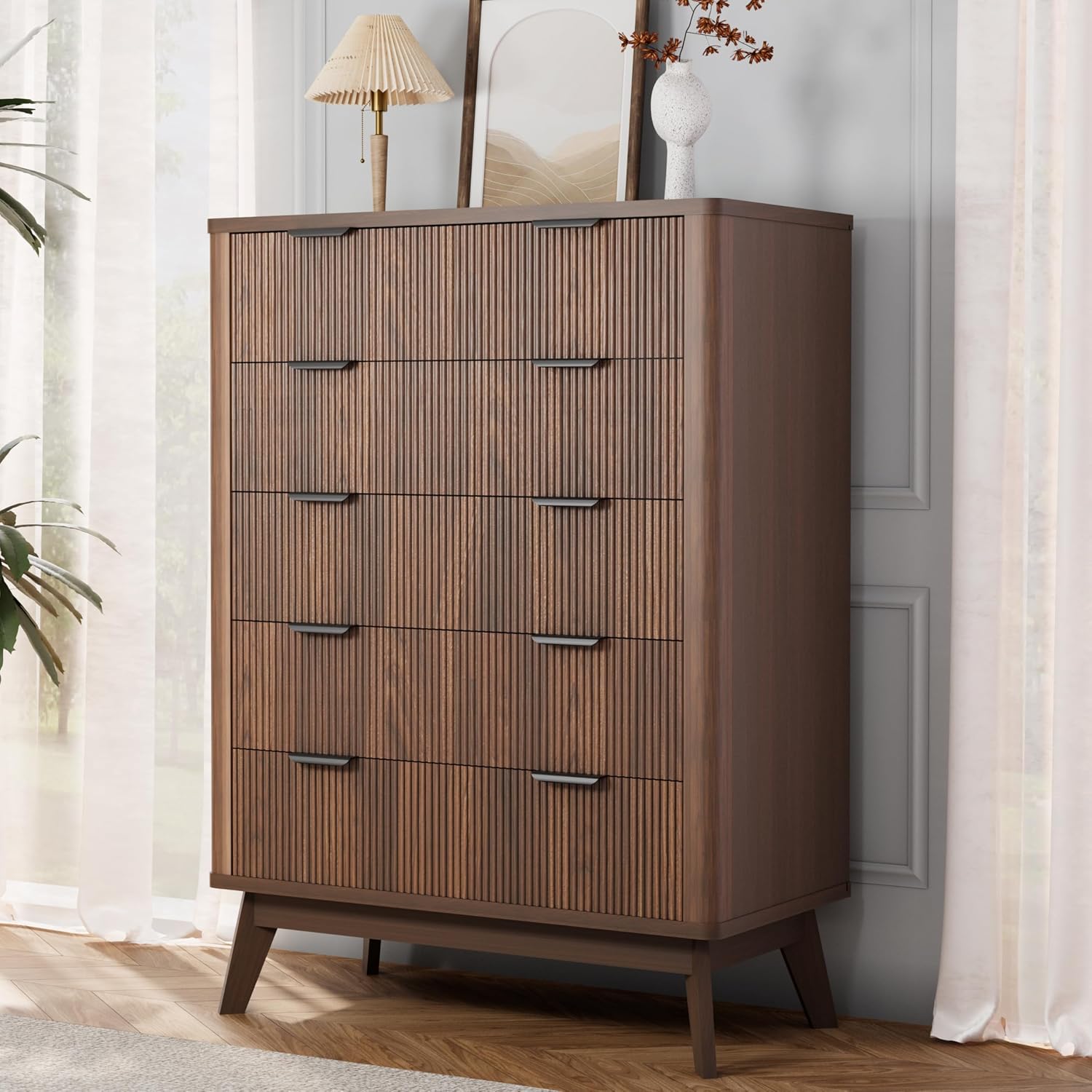 Royal Windsor Fluted 5 Drawers Dresser for Bedroom,43' Tall Wooden Dresser Chest of Drawers,Curved Profile Design,Storage Organizer for Living Room,Hallway,Brown