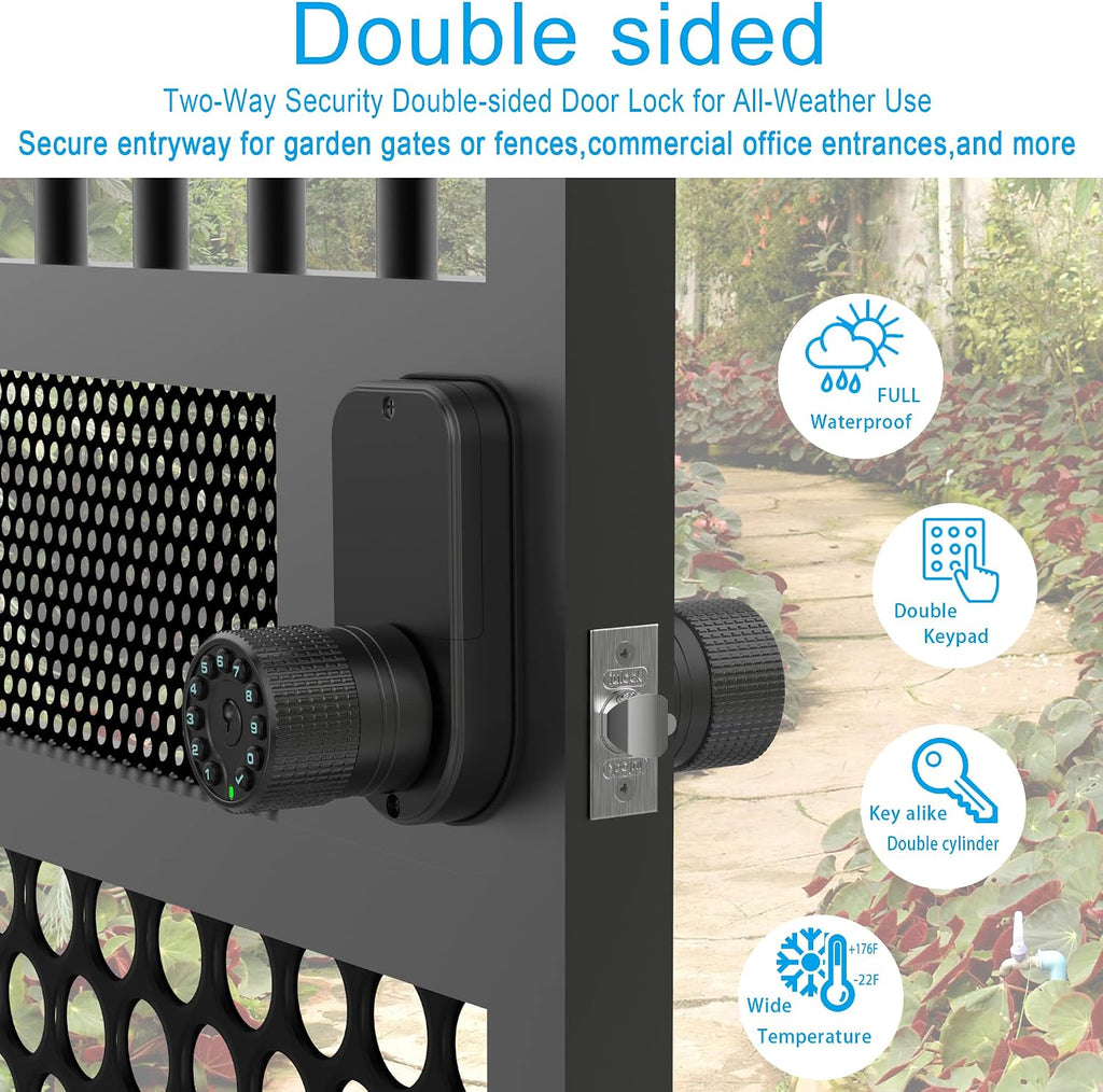 Double Sided Keypad Door Knob with Dual Cylinders and Key Alike, iuknob Keyless Entry Smart Door Lock for Entrance, Fence, Gate, Swimming Pool,Waterproof and Weatherproof for Outdoor & Interior Door.