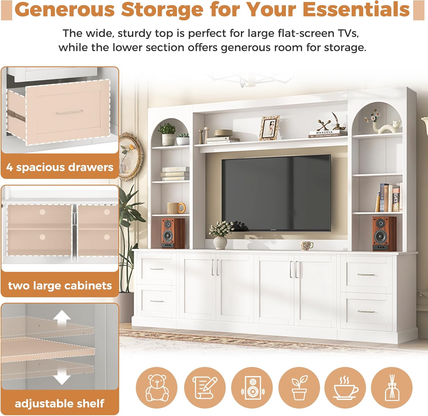 Modern Arched Entertainment Center with Bookshelves and Drawers, Farmhouse TV Stand for TVs Up to 65 Inch, All-in-One Console Media Console Unit with Adjustable Shelves & Cable Holes, White