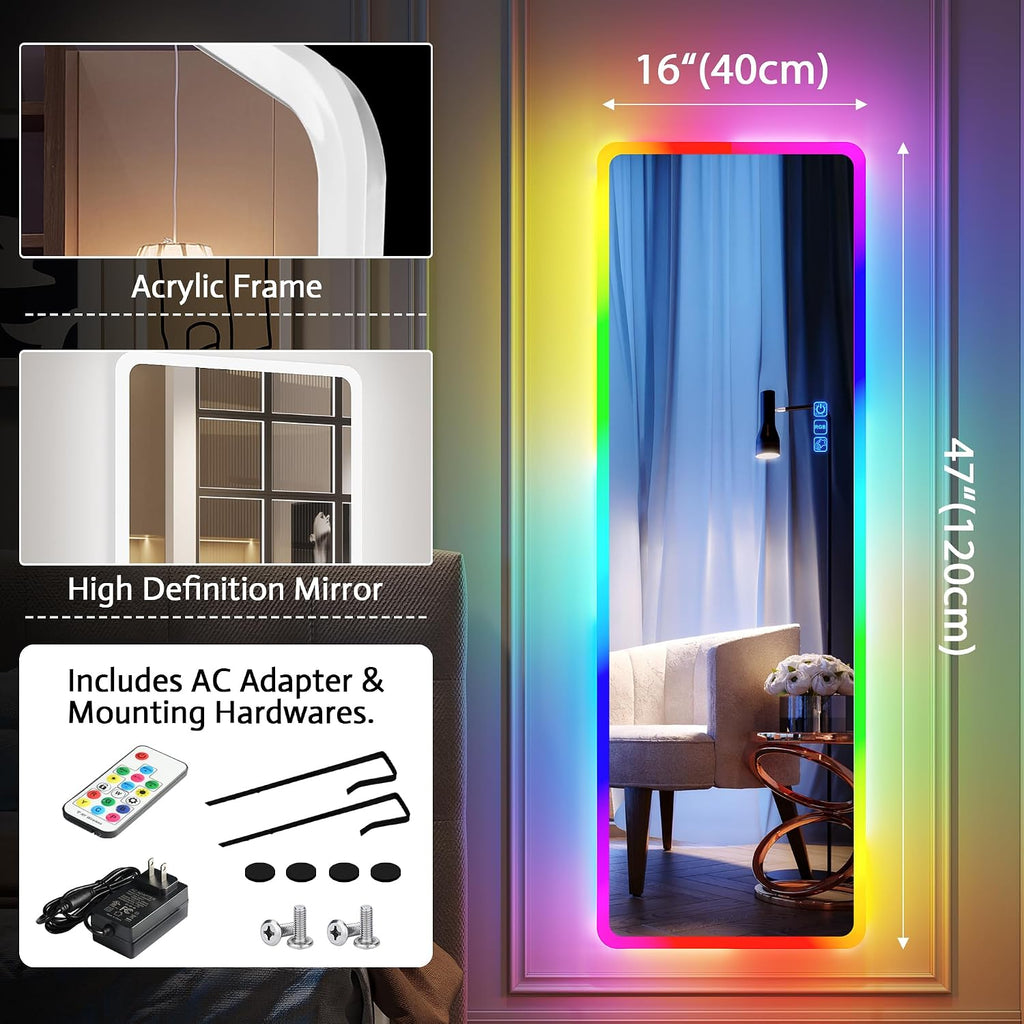 Vlsrka 47x16 Full Length Mirror with RGB Lights, LED Over The Door Lighted Mirror Full Body, 7 Color Dimming Lighting & 7 Dynamic Mode, Door Hanging/Wall-Mounted (Gift Box Design)