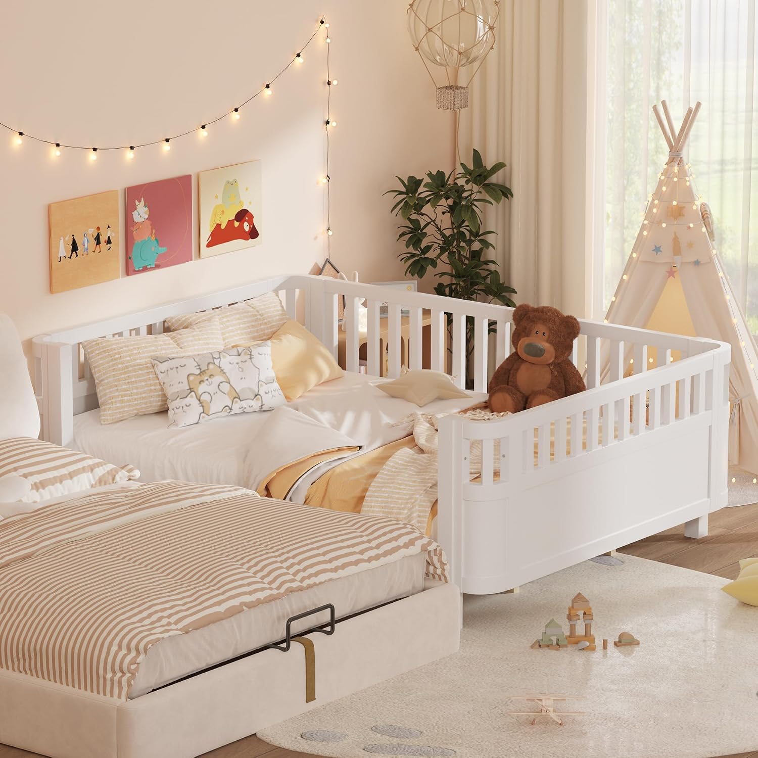 Harper & Bright Designs Queen Size Kids Montessori Bed Frame, Solid Wood Low Profile Bed with Detachable Fence, Rounded Corners & Protective Design, Modern Daybed for Boys, Girls, White