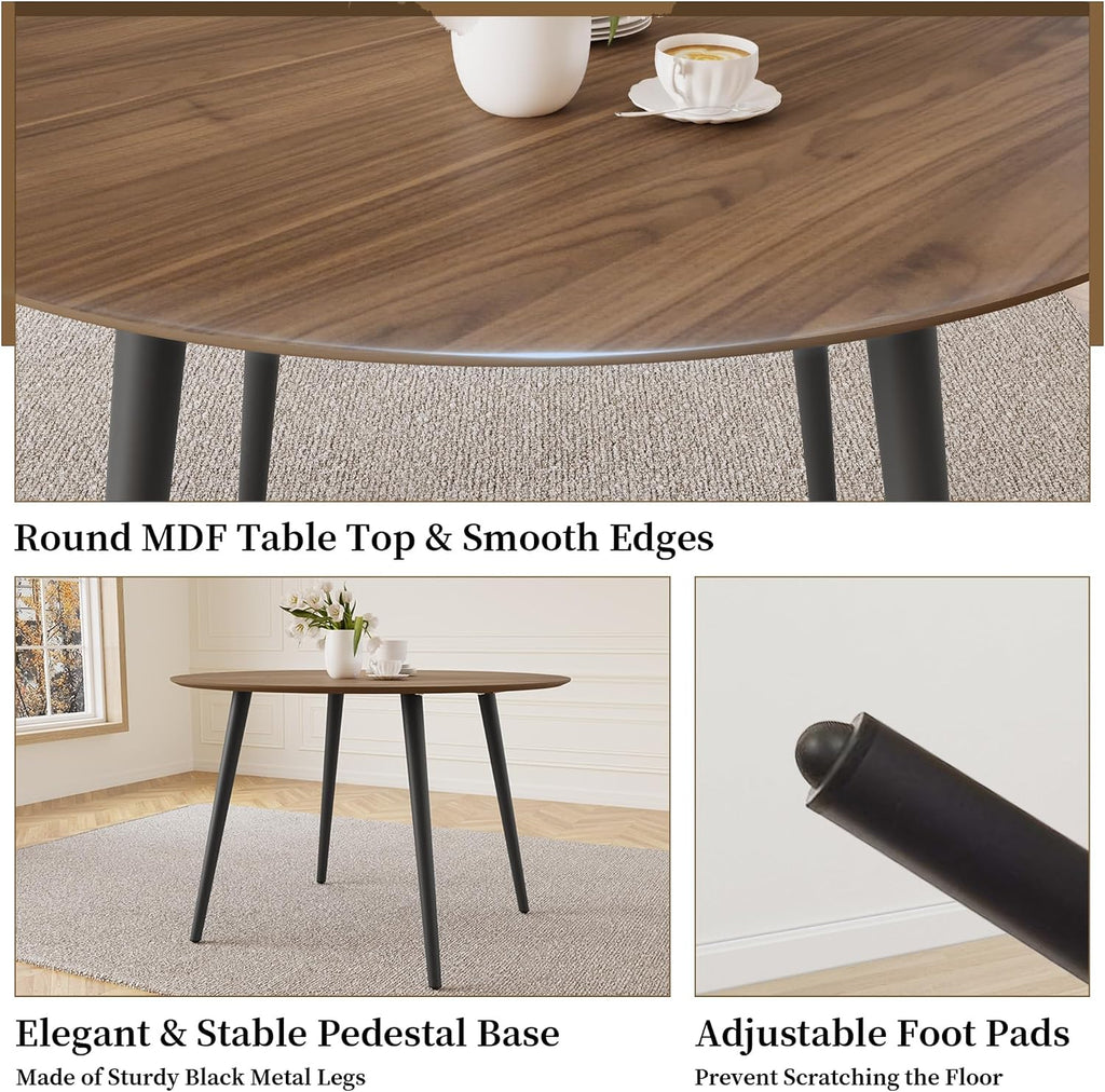 HIPIHOM 43.3 Inch Round Dining Table Set for 4, Modern Small Kitchen Coffee Set for Dining Room Kitchen Apartment (Walnut Table + 4 White Shell Chairs)