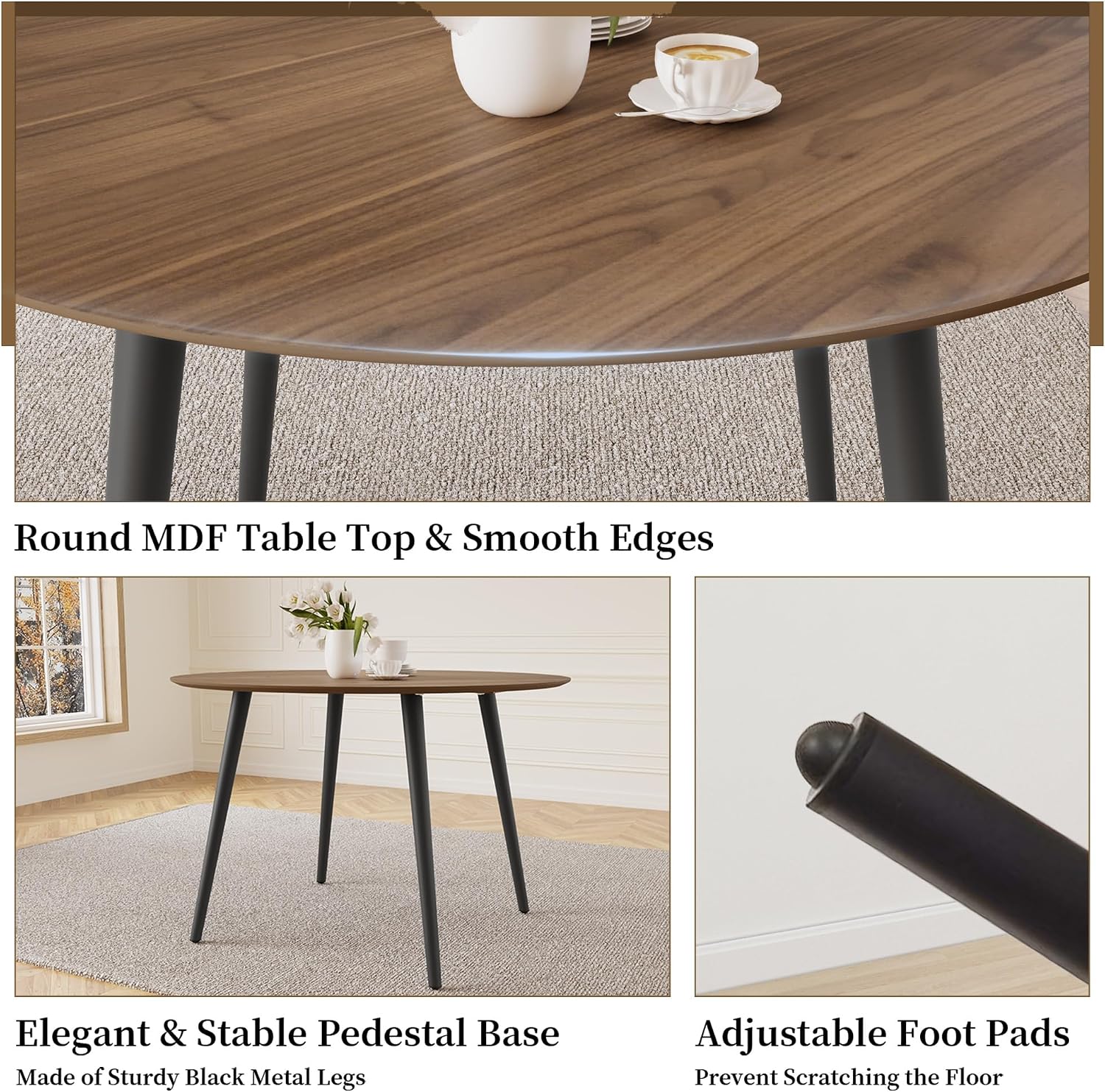 HIPIHOM 43.3 Inch Round Dining Table Set for 4, Modern Small Kitchen Coffee Set for Dining Room Kitchen Apartment (Walnut Table + 4 White Shell Chairs)