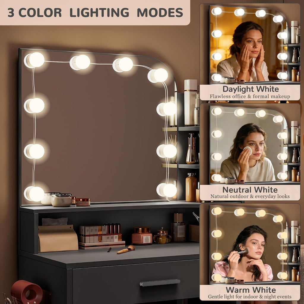 Small Vanity Desk with Mirror and Lights, 26.4' W Girls Vanity Set with Chair and Power Outlet, 3 Lighting Color Adjustable, Makeup Vanity Vanity for Girls, Black