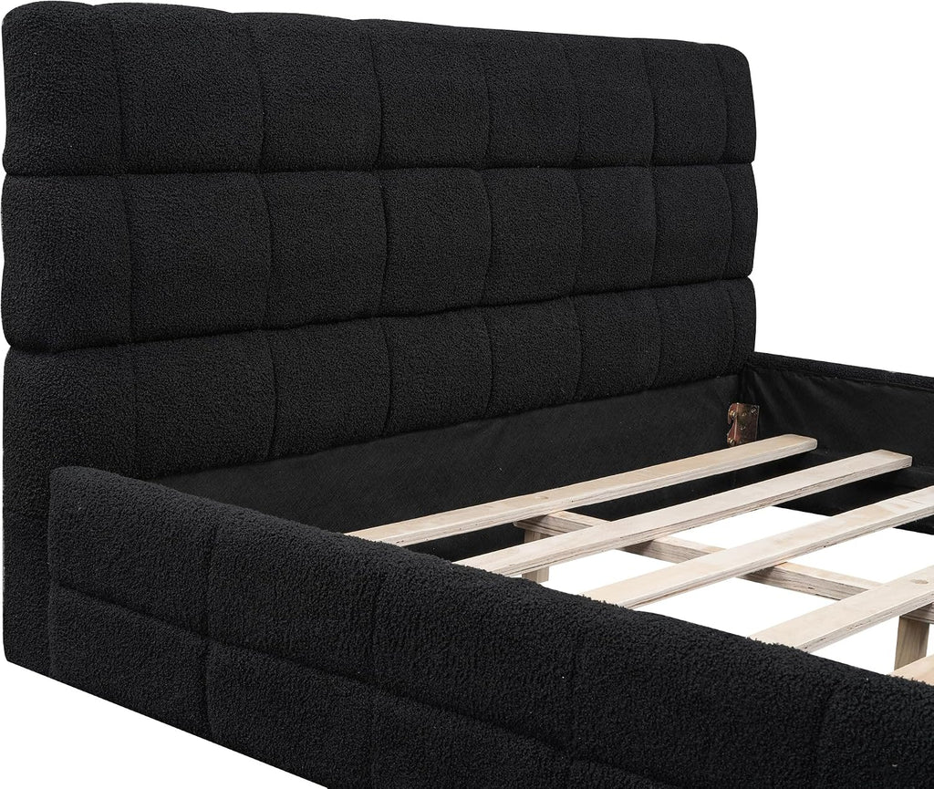 Queen Size Upholstered Platform Bed, Velvet headboard,Wood Slat Support, No Box Spring Needed,Easy Assembly,Bedroom Set (A+Black)