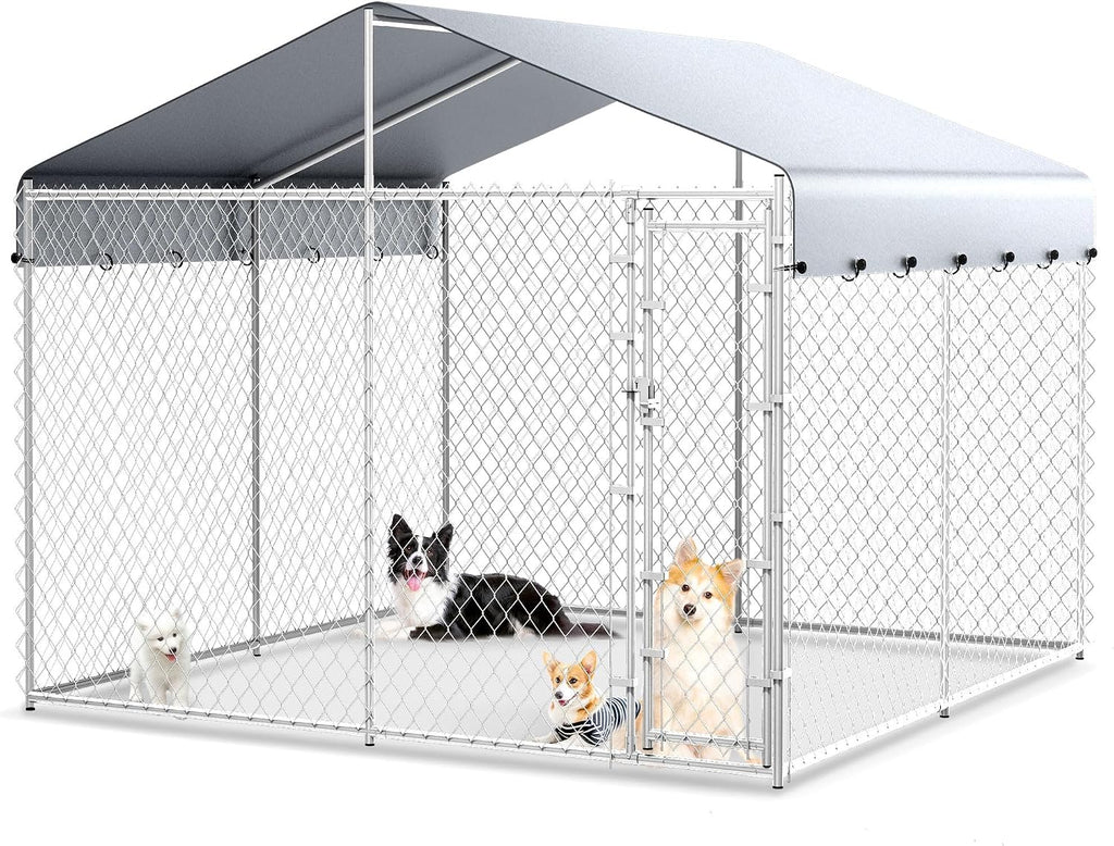 10'x10'x6.56' Large Outdoor Dog Kennel with Roof, Heavy Duty Outside Dog Run Enclosure Dog Pen House Pet Playpen with Galvanized Chain Link, Lockable Door, Waterproof Cover, for Small and Large Dogs
