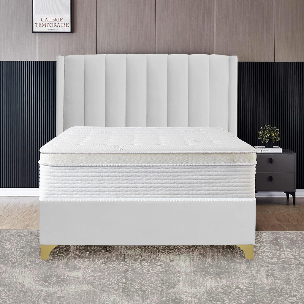 Greaton, Vinyl Upholstered Bed Frame, Decorative Attractive Headboard, Long Lasting Durable, Includes 3 Color Legs to Choose Gold, Silver and Black,Queen, White