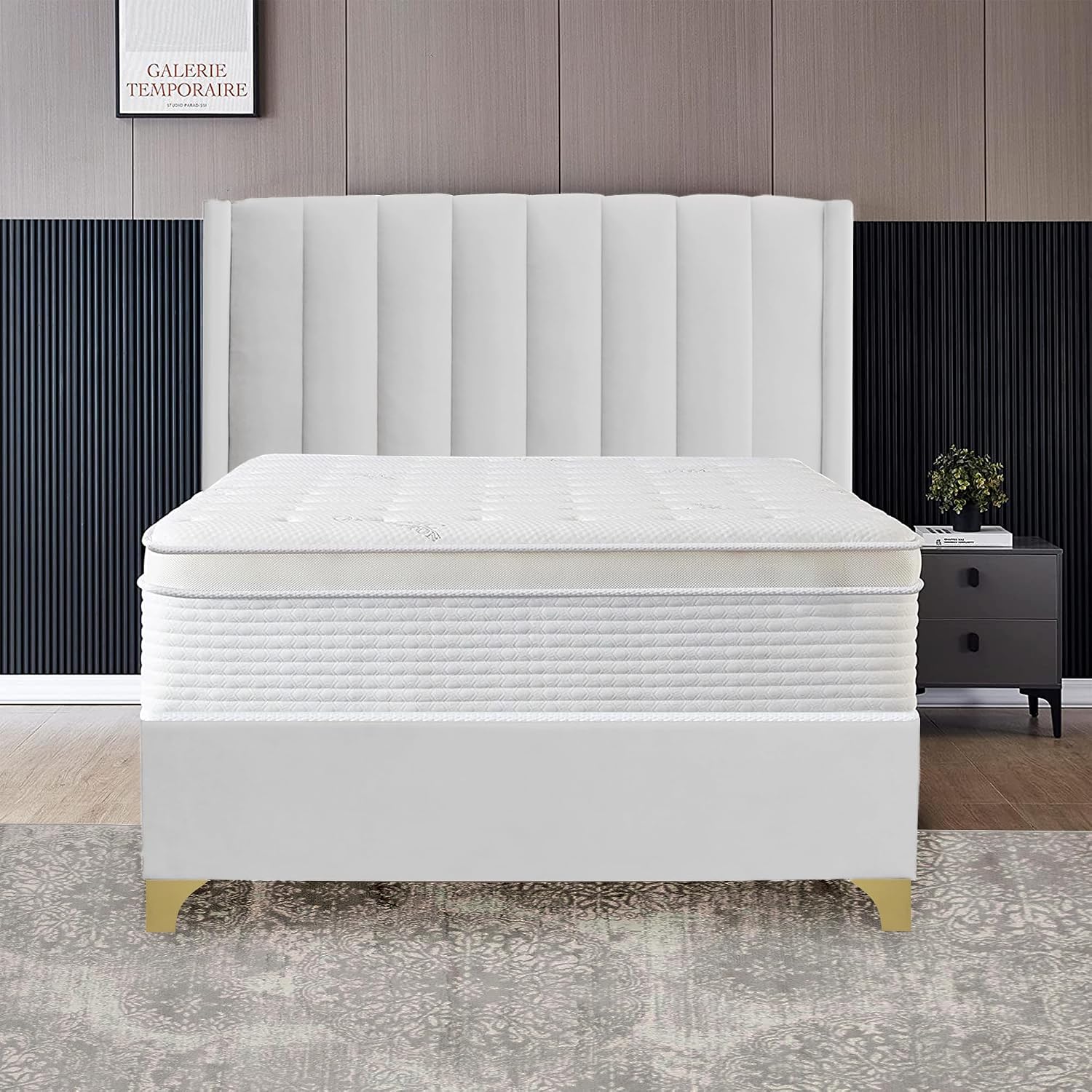 Greaton, Vinyl Upholstered Bed Frame, Decorative Attractive Headboard, Long Lasting Durable, Includes 3 Color Legs to Choose Gold, Silver and Black,Queen, White