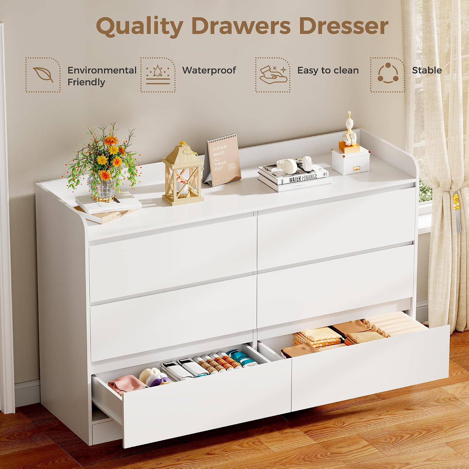 BEWISHOME Dresser for Bedroom, White 6 Drawer Dresser Chest of Drawers, Wood Dressers for Closet, Wide Modern Dressers with Fence for Living Room, Hallway, Entryway, TV Stand, White KCG04W