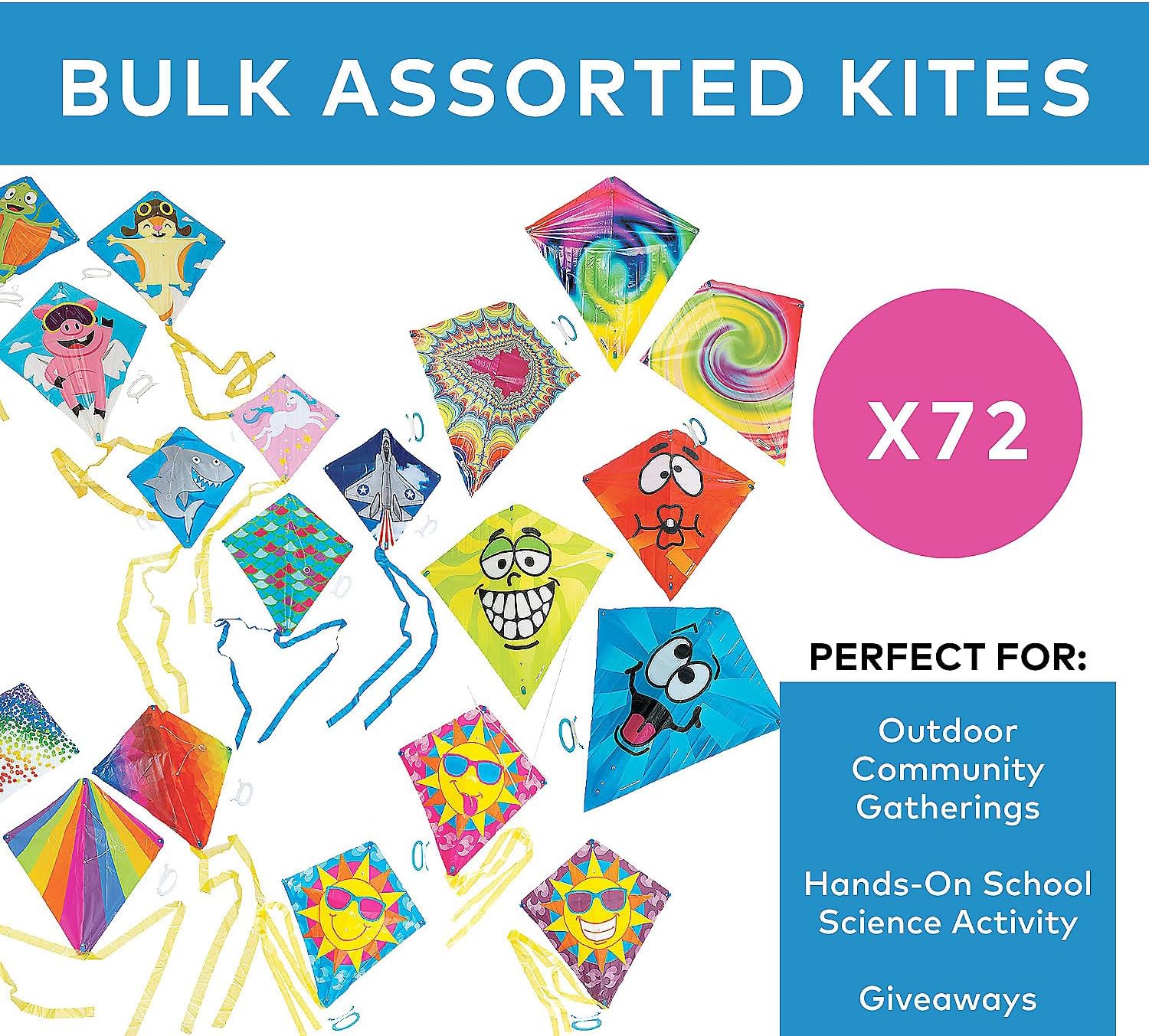 Fun Express Bulk Kites for Kids Ages 4-8 - 72 Pack Assorted Rainbow Beach Kites with String | Easy to Fly Small Kites for Toddlers, Outdoor Activities & Party Prizes | Educational Flying Toys
