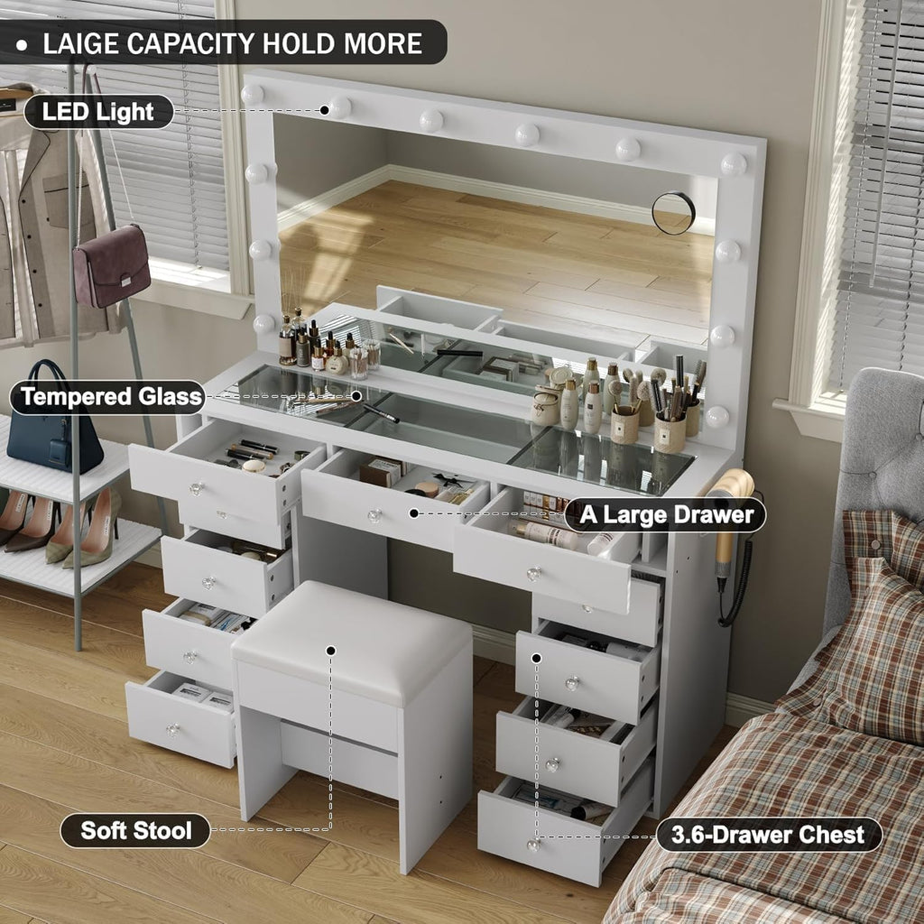 White Vanity Desk with Illuminated Mirror & Power Outlet, 11 Drawers Vanity Table with Chair, Makeup Vanity with 11 Hollywood Light Bulbs, Tempered Glass Top, Dressing Table for Bedroom,Dressing Room.