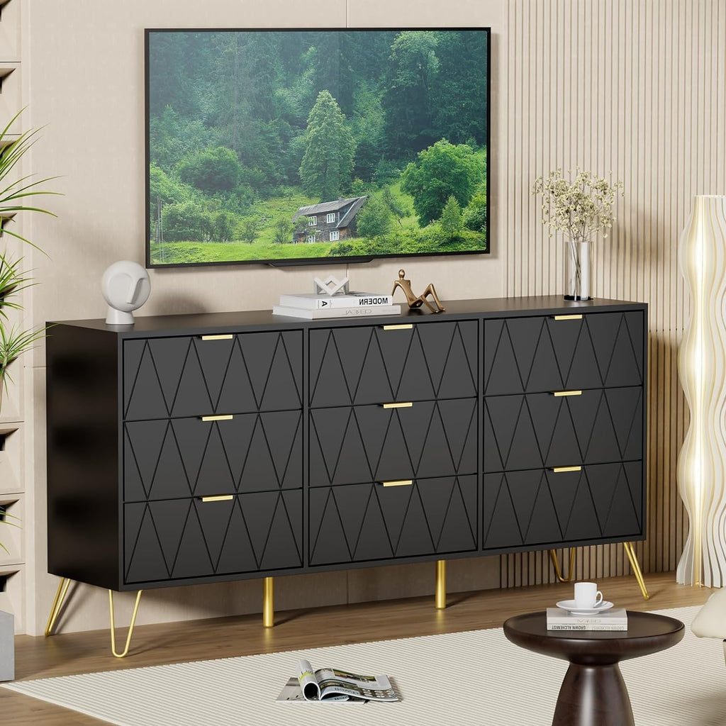 UEV Black Dresser for Bedroom,Modern 9 Drawer Triple Dresser with Gold Accents,Long Storage Organizer for TV Stand & Closet,Large Chest of Drawers for Living Room,Hallway,Entryway