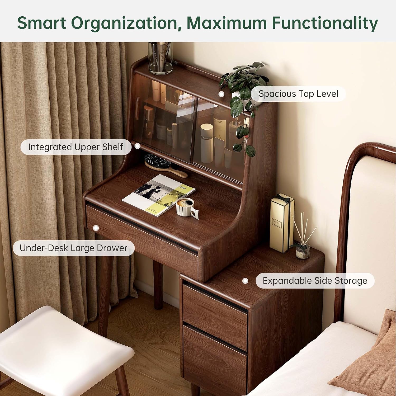 YESWOOD Extendable Vanity Desk with Dresser, Ash Wood Makeup Table for Girls, Vanity Set with LED Light and Glass Door for Bedroom, Bathroom