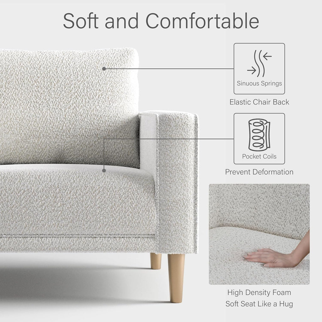Furniture of America Oriana Contemporary Boucle Loveseat Couch with Back Pillows and Wooden Legs, Comfy Fabric Upholstered Small Sofa for Living Room, Bedroom, Home Office, Off-White