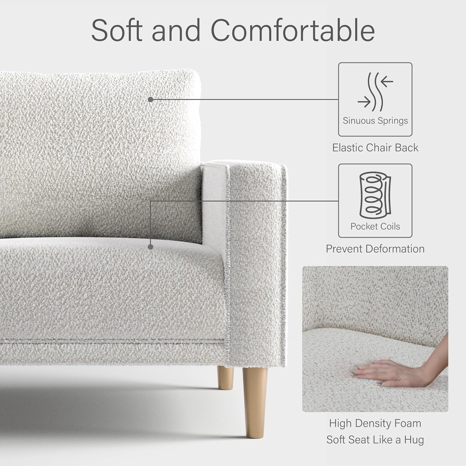 Furniture of America Oriana Contemporary Boucle Accent Chair with Back Pillow and Wooden Legs, Fabric Upholstered Armchair, Comfy Single Sofa Chair for Living Room, Bedroom, Home Office, Off-White