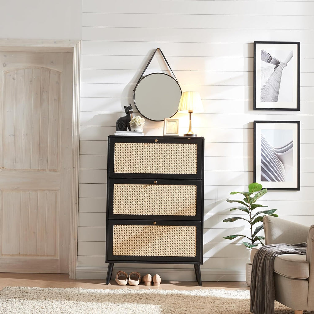 Storage Cabinet With 3 Flip Drawer Natural Rattan Shoe Organizer Freestanding Wooden Rack With Metal Legs for Entryway Hallway Bedroom Mudroom (Black)