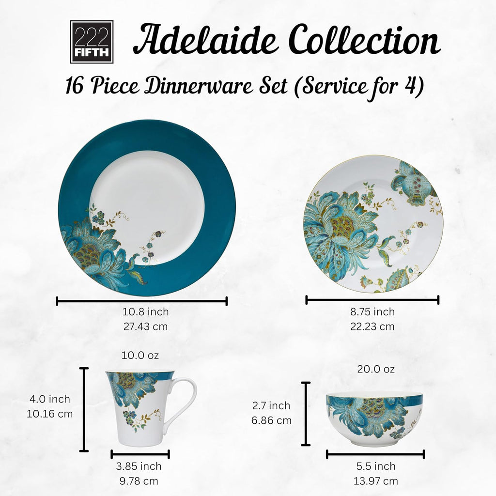 222 Fifth 16-Piece Porcelain Dinnerware Set for 4, Elegant Floral Plates and Bowls Sets-White, Teal, Gold Ceramic Dishes, Chip Resistant Kitchen and Dining Dish Set, Microwave & Dishwasher Safe, Eliza