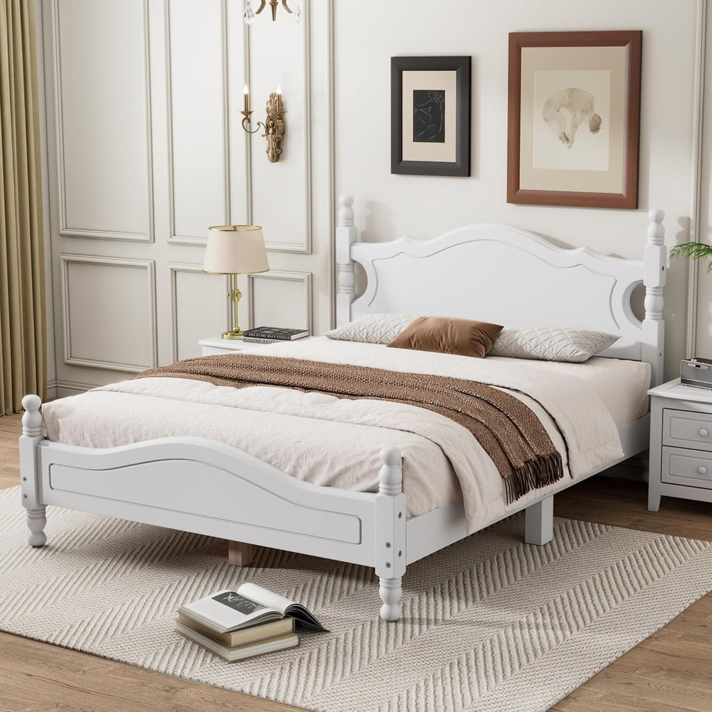 JIVOIT Retro Style Platform Bed with Headboard and Footboard, Full Size Wood Platform Bed Frame with Wooden Slat Support, Solid Wood Foundation, No Box Spring Required (White,4,Full)