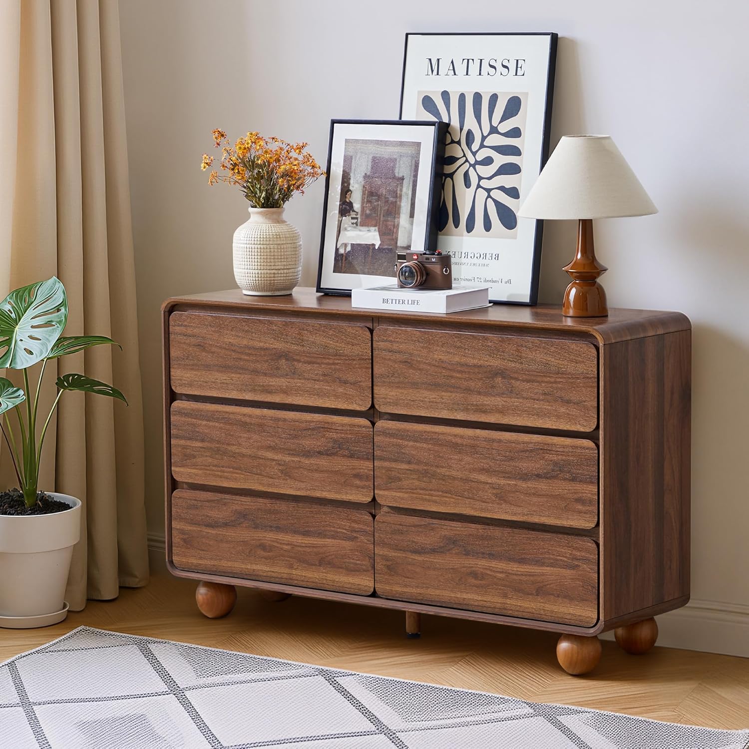 AVZEAR Modern 6 Drawer Dresser for Bedroom, 48' Wide Wooden Dresser Chest of Drawers, Handle Free & Curved Profile Design, Mid Century Closet Clothes Storage Organizer for Living Room, Walnut