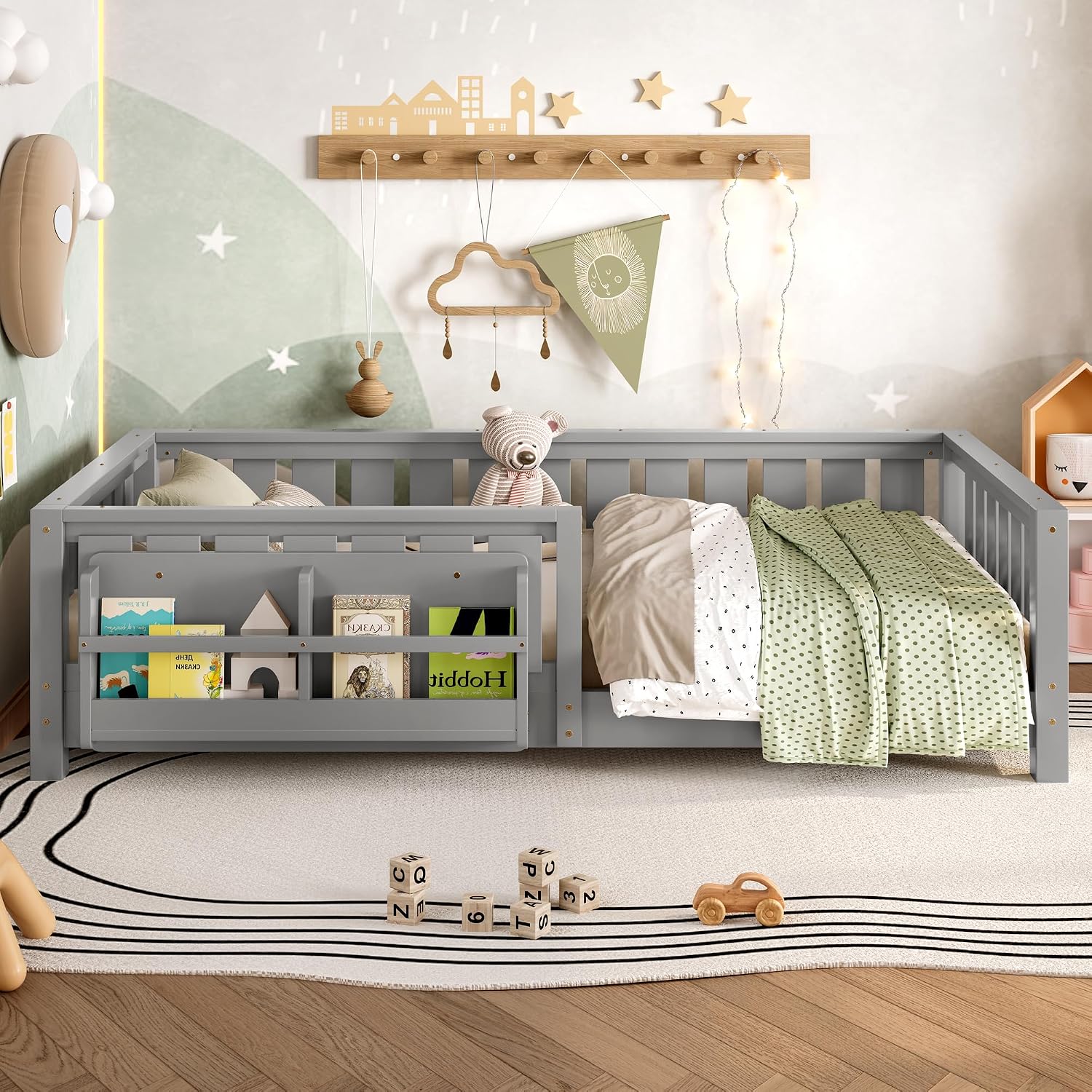 Bellemave Gray Montessori Floor Bed with Fence and Slats, Twin Size Montessori Floor Bed with Bookcase and High Rails, Easy Assemble Bed Frame for Girls, Boys, Twin