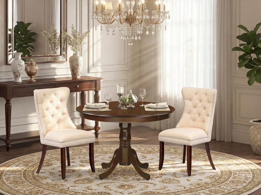 East West Furniture HLDA3-MAH-32 3 Piece Dining Set Consists of a Round Kitchen Table with Pedestal and 2 Polyester Fabric Upholstered Parson Chairs, 42x42 Inch, Mahogany