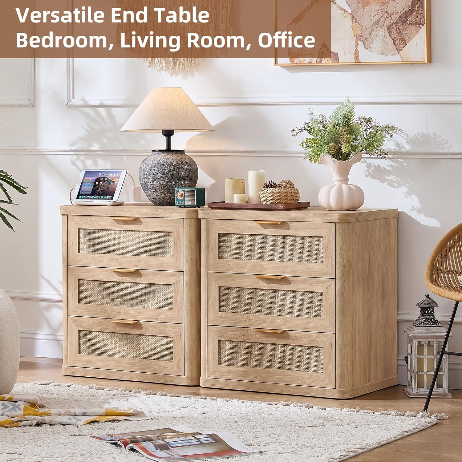 LEYAOYAO Rattan Night Stand with Charger Station, 23' Large 3 Drawer Boho Nightstand, Natural Wood Bedside Table Storage Cabinet, Bed Side End Tables for Bedroom, Living Room, Hallway