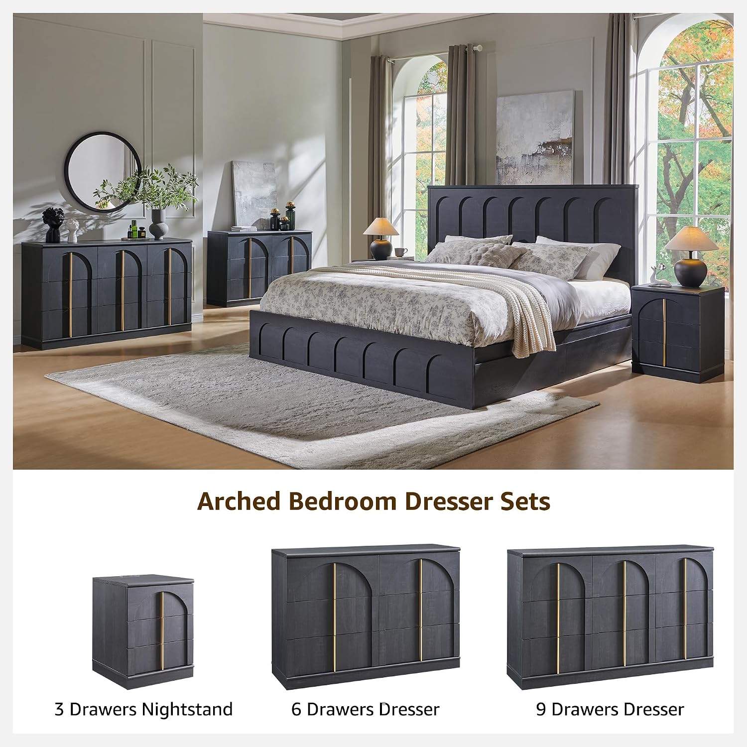 ACCOHOHO Arched Dresser for Bedroom with 9 Drawers, 52' Wide Modern Chest of Drawers with Rounded Edge & Metal Handles, Wood Storage Closet Dressers TV Stand for Living Room, Hallway, Black