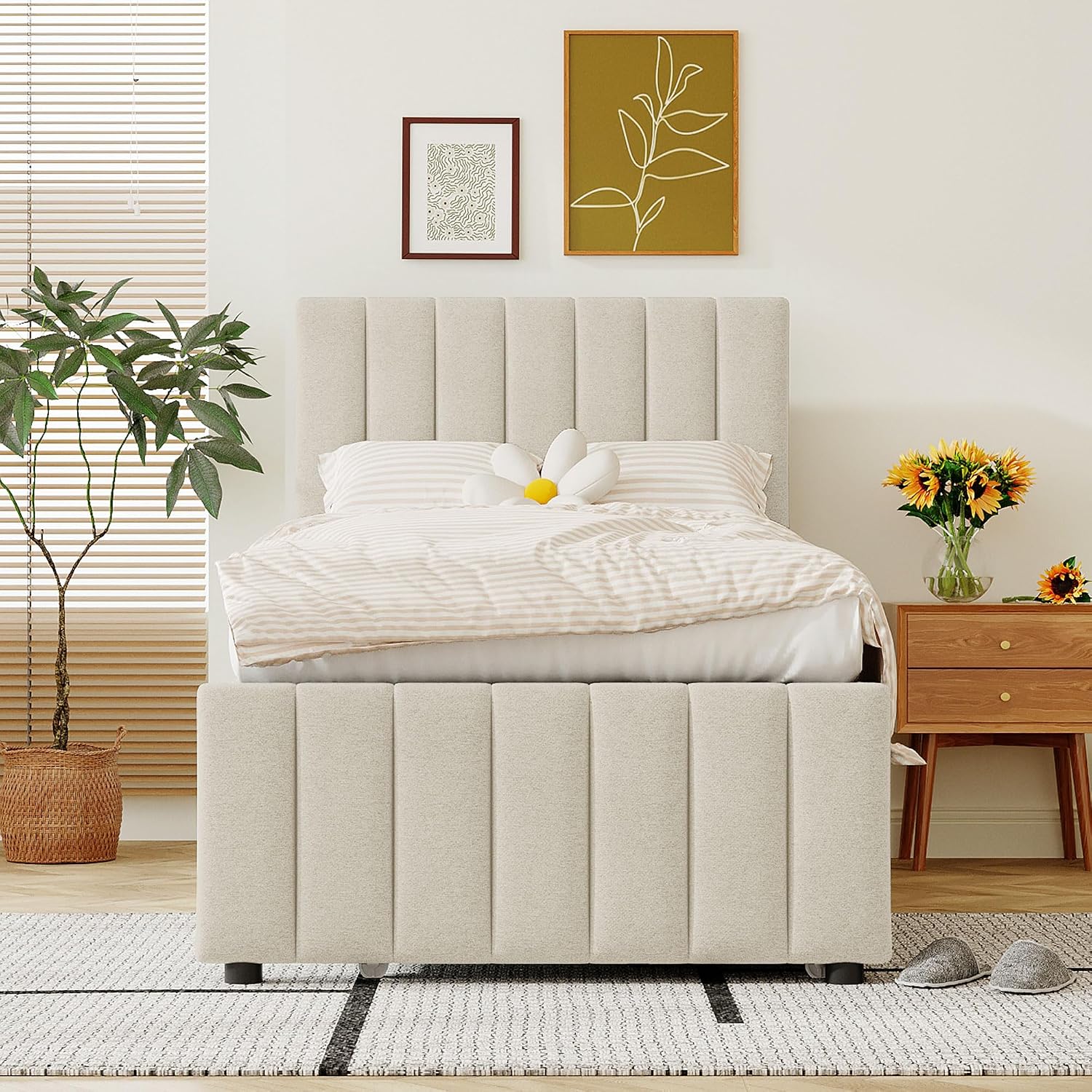 VilroCaz Twin Size Upholstered Platform Bed with Trundle and 3 Drawers, Linen Fabric Platform Bed Frame with Stripe Headboard, No Box Spring Needed, Space Savings (Beige+Li)