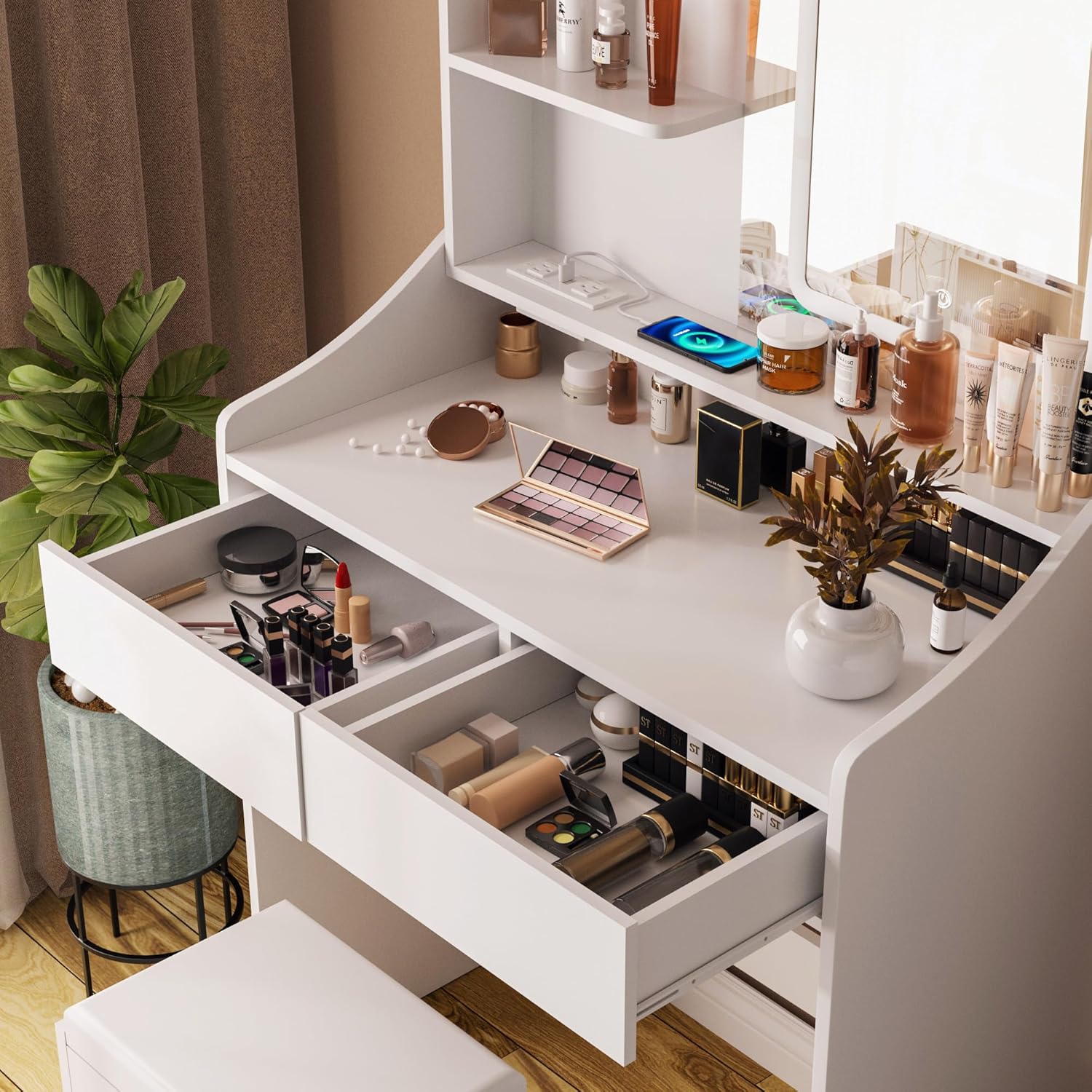 Vabches Vanity Desk with LED Light Mirror and Charging Station 30.3in, Small Vanity Set with 4 Storage Shelves 2 Drawers, Vanity for Girls Women with Storage Stool, Vanity Table for Bedroom (White)