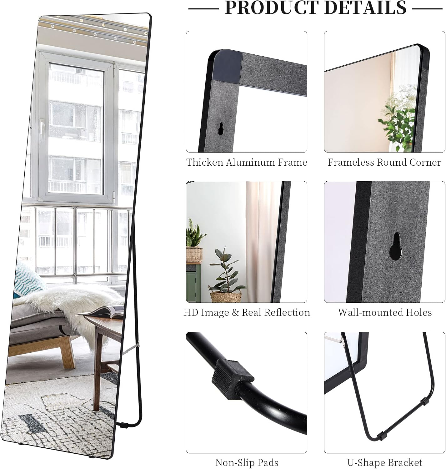 Vlsrka 63' x 18' Full Length Mirror - Floor Standing, Wall Mirror, Stand Up - Large, Tall, Full Size for Bedroom, Living Room (Black)