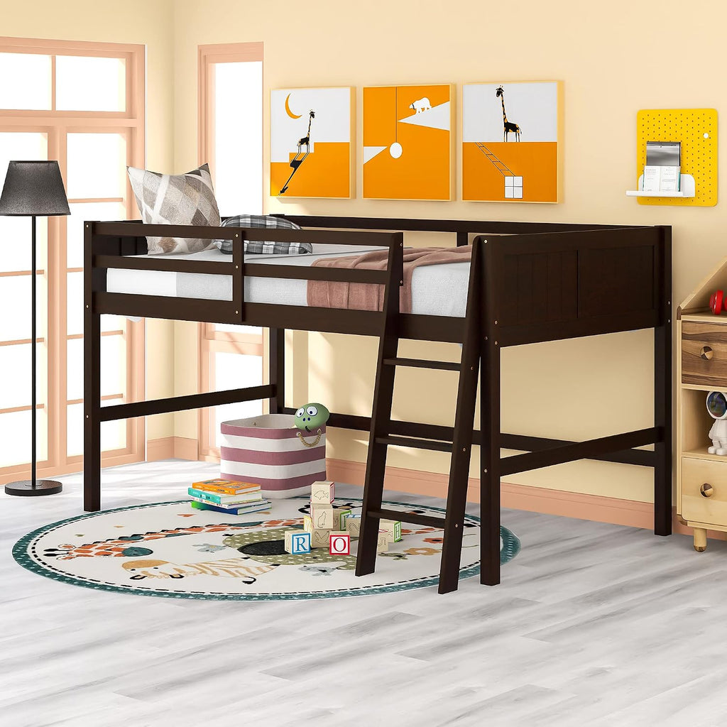 Twin Low Loft Bed with Inclined Ladder for Kids/Boys/Girls, Solid Wood, Full-Length Guardrail, No Box Spring Needed/Strong Slat Support (Espresso+Inclined Ladder)