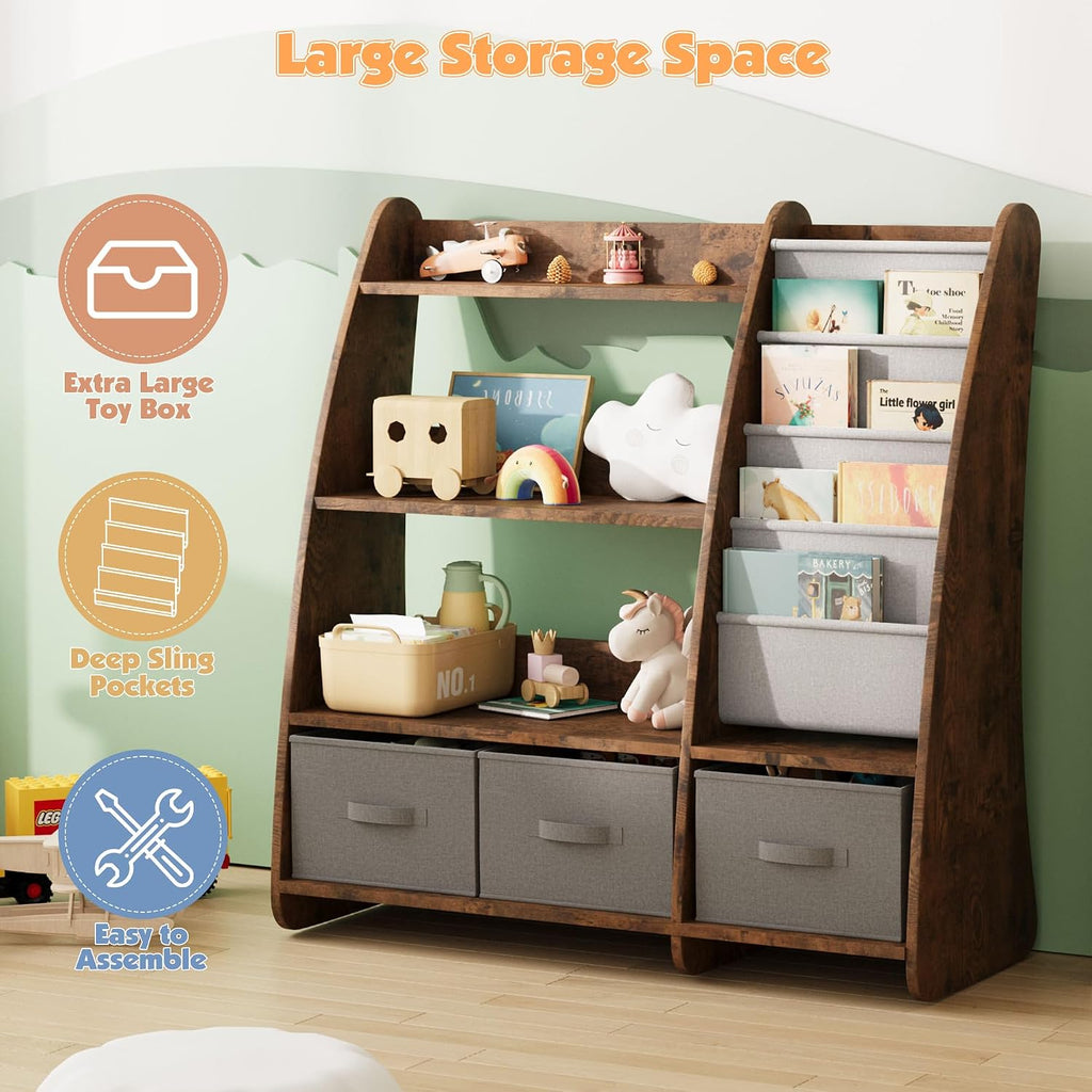 NACHES Kids Bookshelf and Toy Storage Organizer, Montessori Nursery Book Shelves with Sling Rack & Fabric Toy Bins, Toddler Baby Bookcase, Wooden Toy Shelf for Kids Room, Playroom, Sail-Rustic Brown