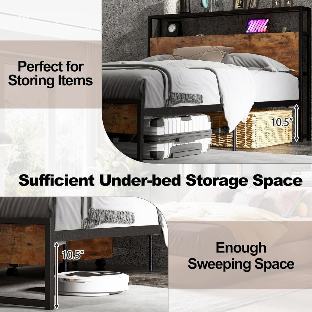 Giantex Full Bed Frame with 2 Storage Drawers and Charging Station, Industrial Platform Bed Frame with 2-Tier Storage Headboard, Rustic Metal Slats Support Mattress Foundation, No Box Spring Needed