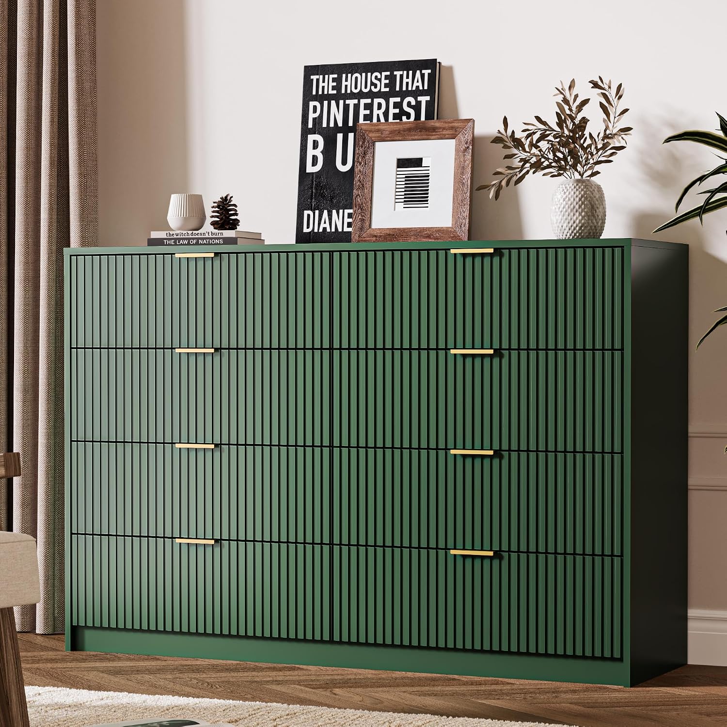 MAISONARIA Green Dresser for Bedroom, 8 Drawer Double Dresser, Modern Chest of Drawers for Bedroom, Living Room, Entryway and Closet, 55' L x 15.7' D x 37.4' H