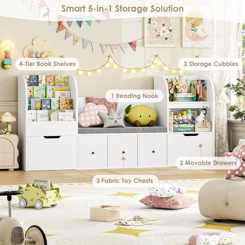 FOTOSOK 71' Toy Organizers and Storage with Seat Cushion, Kids Bookshelf with Reading Nook and 2 Movable Drawers & 3 Fabric Toy Chests, Kids Reading Nook Toy Storage with Bench for Playroom