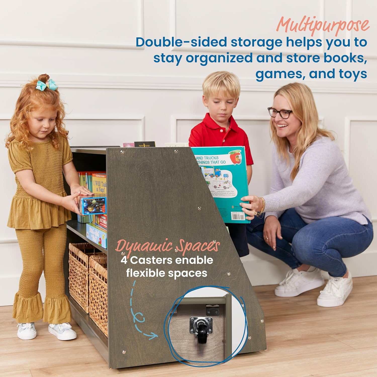 ECR4Kids Double-Sided Mobile Book Display with Storage Shelves, Classroom Bookshelf, Grey Wash