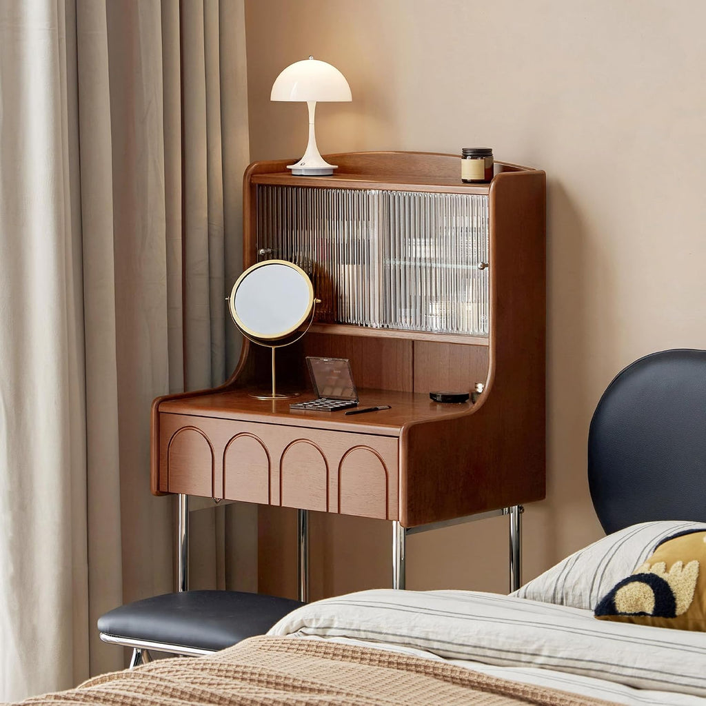 YESWOOD Vanity Desk with Extendable LED Mirror, Solid Rubber Wood Small Makeup Table for Girls, Vanity Set with Light for Bedroom, Bathroom, Teak Color, No Chair