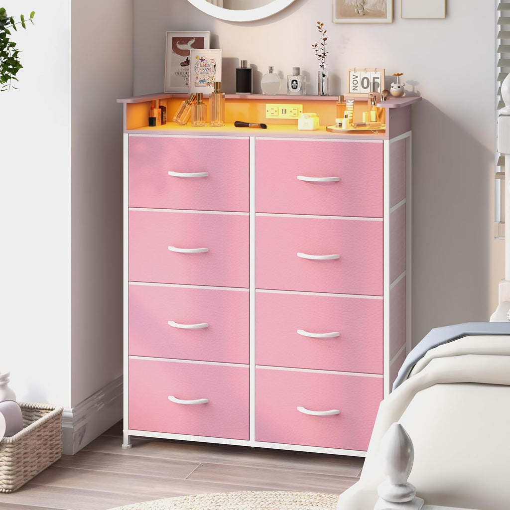 Pink Dresser for Bedroom with Charing Station Dressers with LED Lights Tall Dresser with 8 Drawers Storage Tower for Closet Living Room Hallway Entryway Sturdy Steel Frame Wood Top