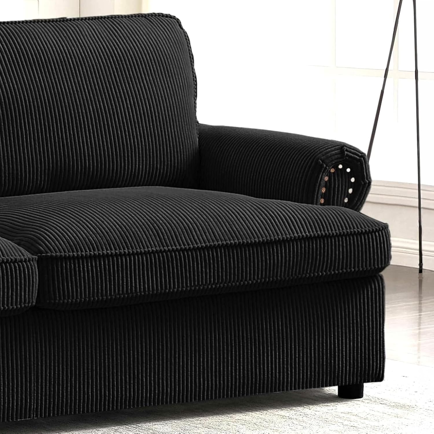 Reversible Sleeper Sofa Bed with Comfortable Memory Foam Mattress, Convertible Corduroy Full Size Pull Out Couch for Living Room, Space Saving Furniture, 76' Wide, Rounded Arms, Black