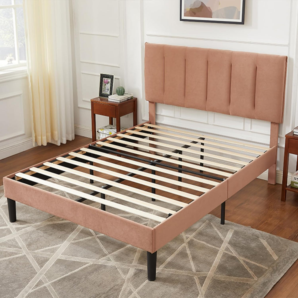 VECELO Full Size Bed Frame with Upholstered Headboard, Heavy-Duty Bedframe with Wooden Slats & Steel Framework, Easy Assembly, Coffee