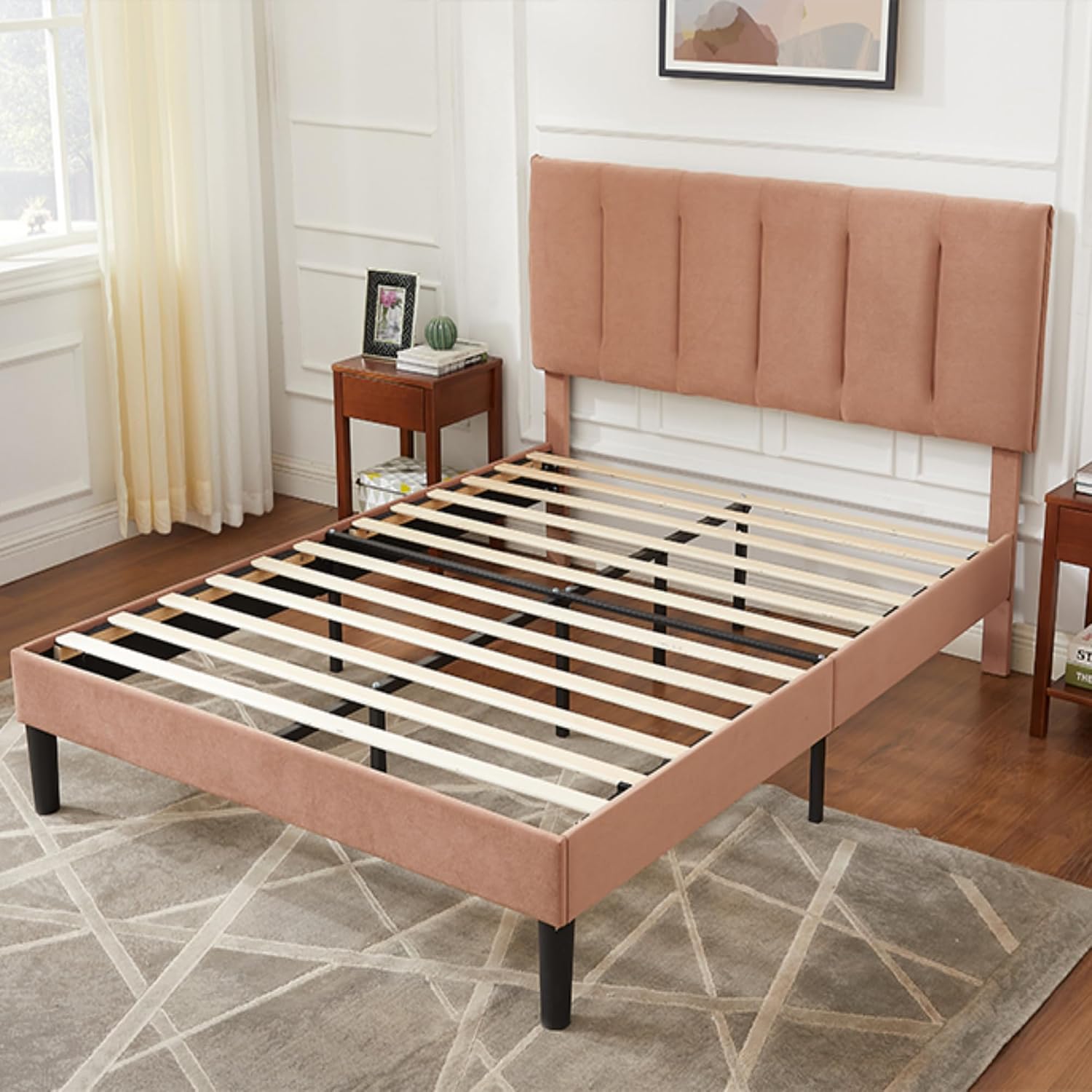 VECELO Full Size Bed Frame with Upholstered Headboard, Heavy-Duty Bedframe with Wooden Slats & Steel Framework, Easy Assembly, Coffee
