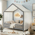 Full Montessori House Bed with High Rails, Wood Low House Floor Bed with Roof & Canopy, Full House Beds Frame for Girls Boys, No Box Spring Needed, Gray