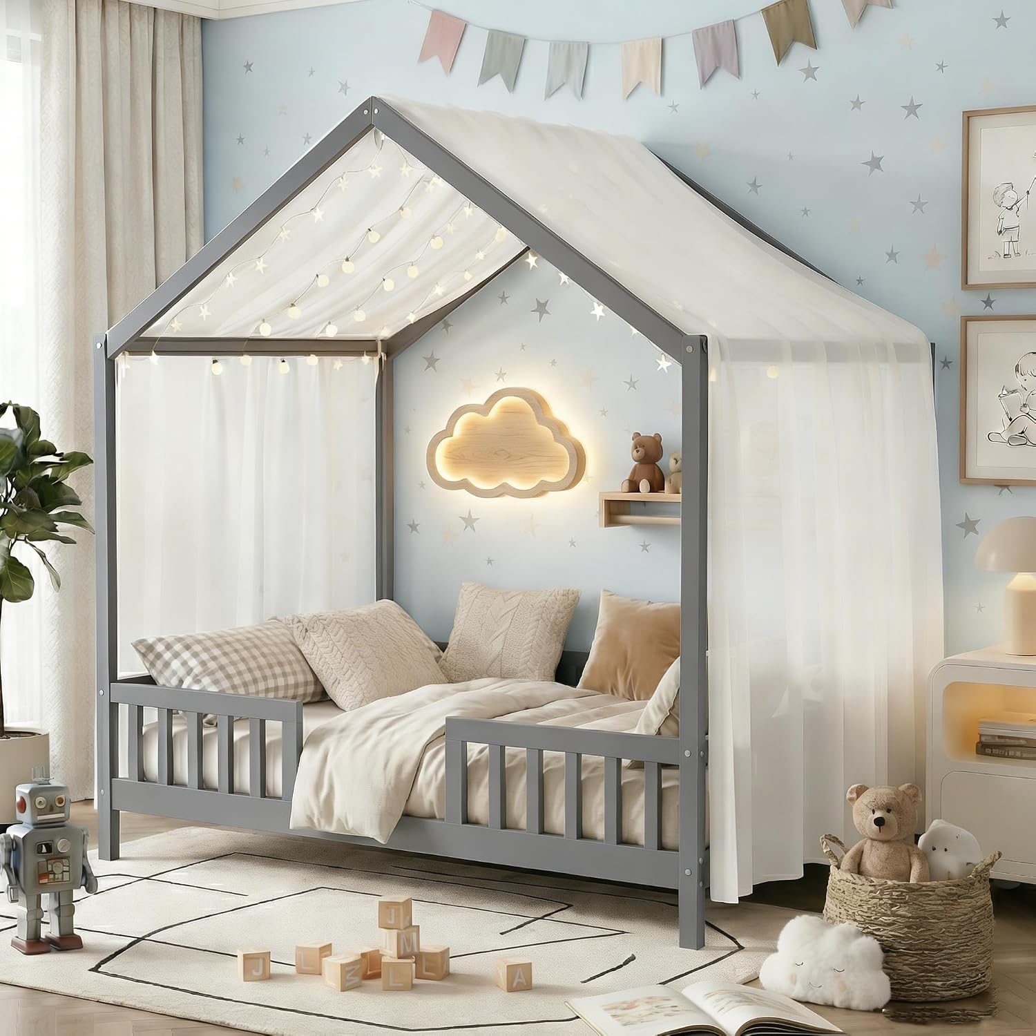 Full Montessori House Bed with High Rails, Wood Low House Floor Bed with Roof & Canopy, Full House Beds Frame for Girls Boys, No Box Spring Needed, Gray