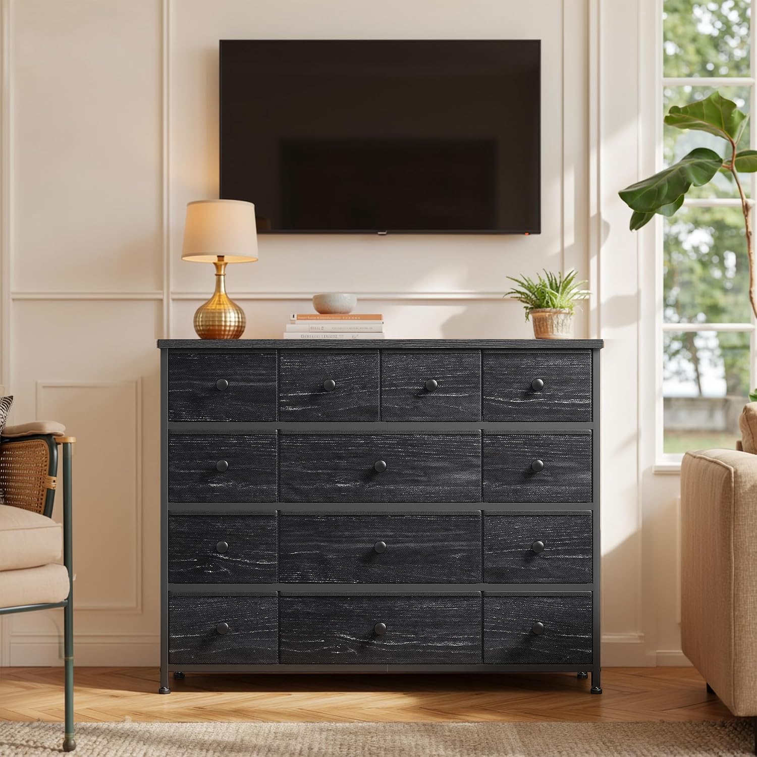 EnHomee Black Dresser with 13 Fabric Drawers TV Stand for Bedroom for 45 Inch TV Chests of Drawers for Living Room, Entryway, Wood Top and Sturdy Frame