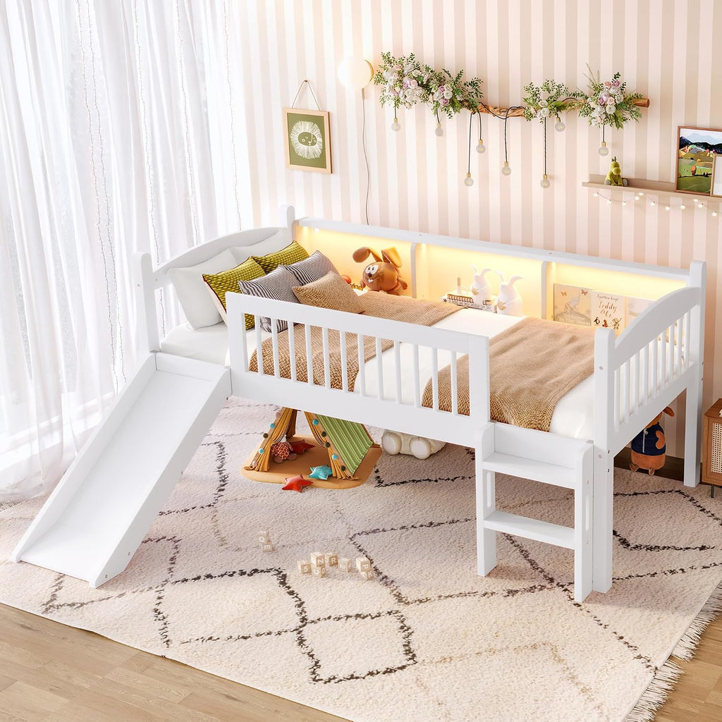 JIVOIT Twin Loft Bed with Storage Shelves, Solid Wood Lower Loft Bed with Full-Length Guardrails, Wood Slats Support, Space-Saving Design, No Box Spring Needed (White,Twin,51)