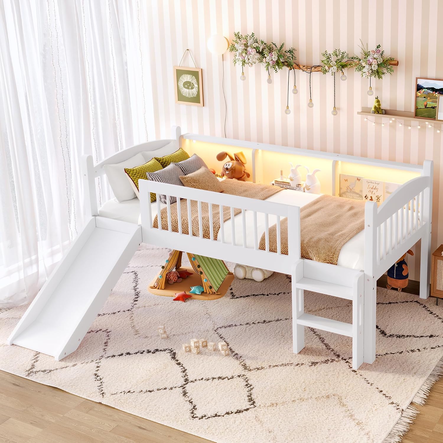 JIVOIT Twin Loft Bed with Storage Shelves, Solid Wood Lower Loft Bed with Full-Length Guardrails, Wood Slats Support, Space-Saving Design, No Box Spring Needed (White,Twin,51)