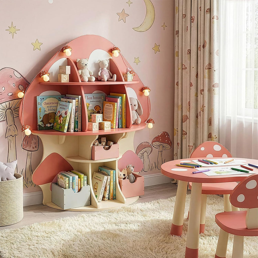 Karl home Children Mushroom Bookcase, Toddler Tree Bookshelf for Kids, Baby Montessori Bookshelf and Toy Storage, Kids Room Furniture, Display Shelf for Bedroom, Nursery, Playroom, Red-Orange