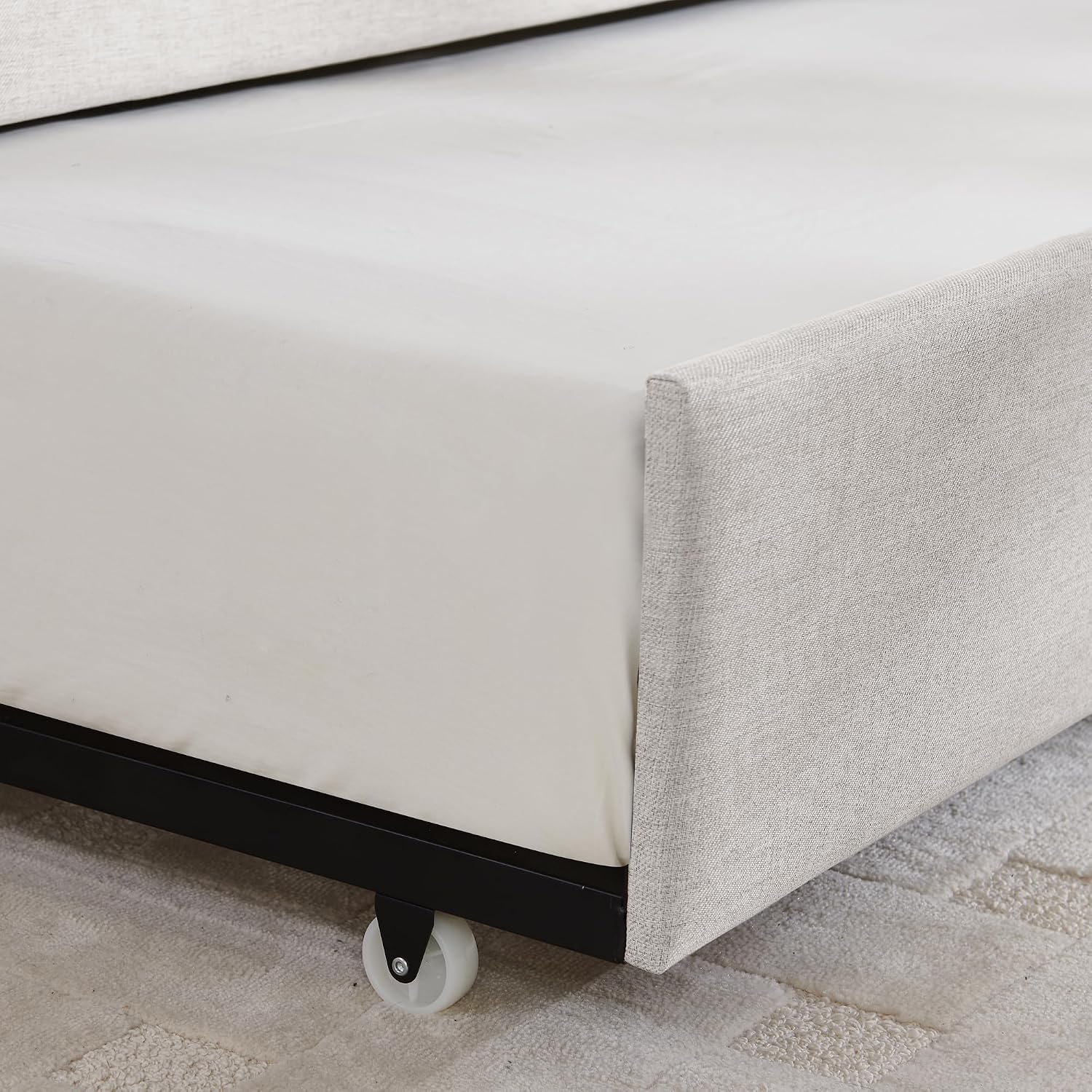 Ball & Cast Full Size Daybed with Pop up Trundle,Linen Upholstered Day Bed Frame with Channel Tufted Backrest & Armrest,Extendable Trundle Bed,Full to King Design,Easy Assembly,Black